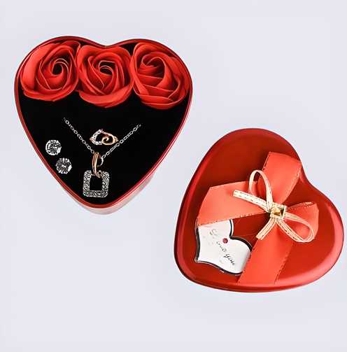 Floweraura Sparkling Love Adornments Jewellery & Artificial Flower in Heart Red Box Valentine's Gift