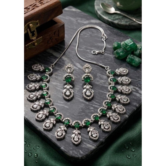 Premium Women's Brass Silver Plated Necklace set (Green)