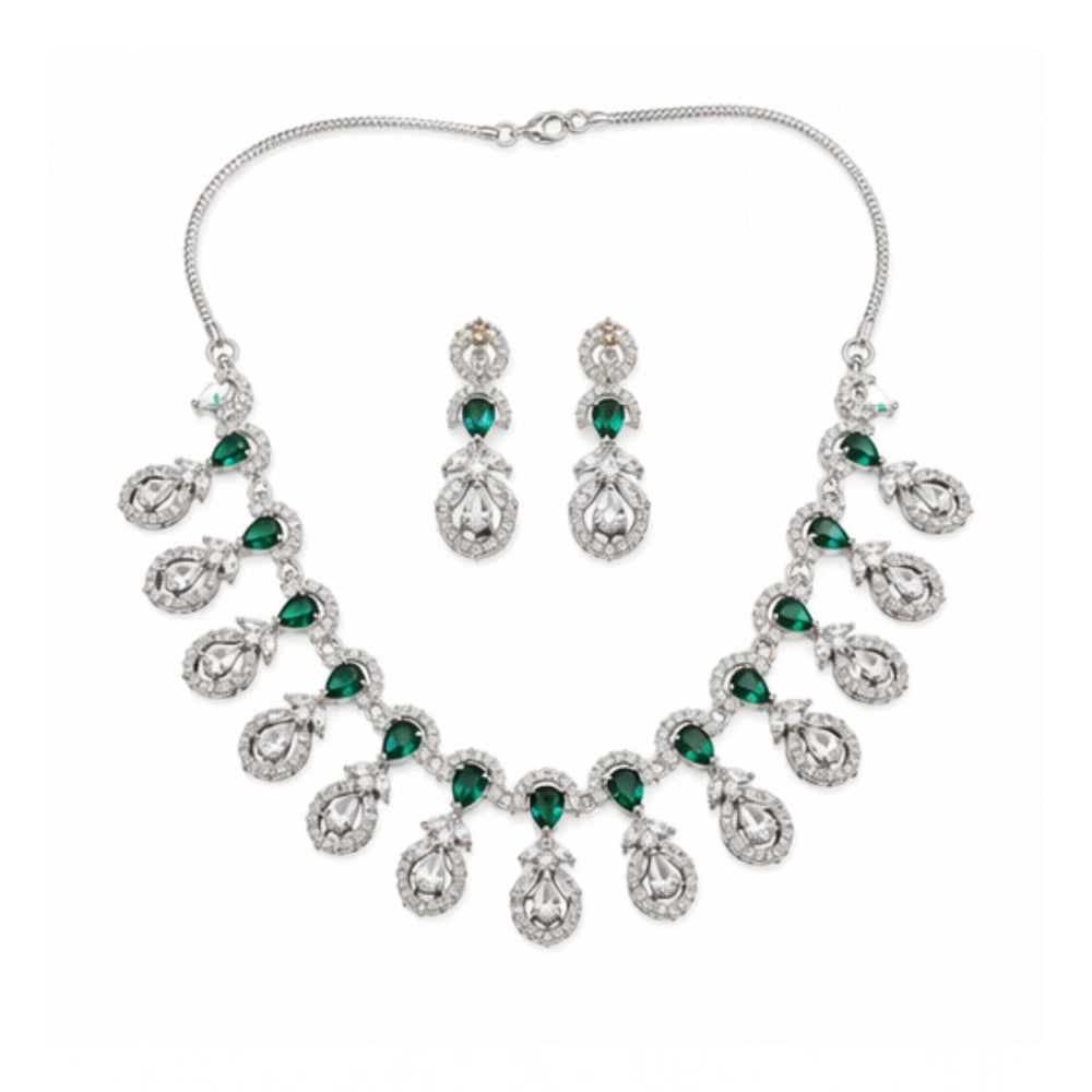 Premium Women's Brass Silver Plated Necklace set (Green)