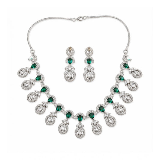 Premium Women's Brass Silver Plated Necklace set (Green)
