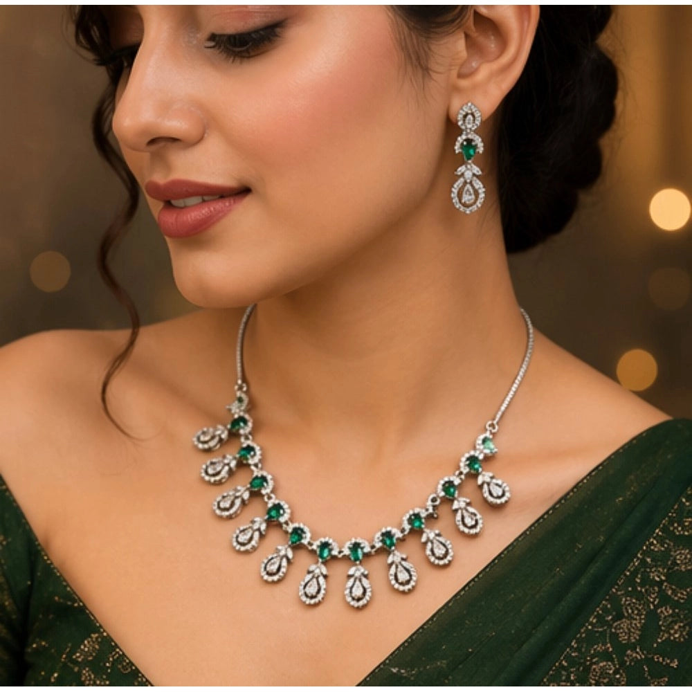 Premium Women's Brass Silver Plated Necklace set (Green)