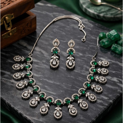 Premium Women's Brass Silver Plated Necklace set (Green)