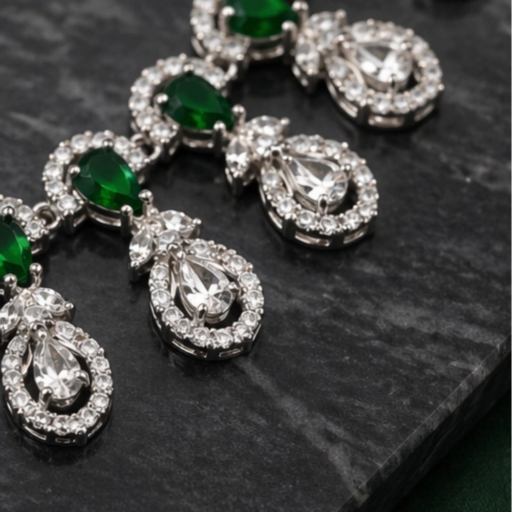 Premium Women's Brass Silver Plated Necklace set (Green)